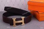 Buy Replica - Hermes Black Leather Belt with Yellow Gold 'H' buckle